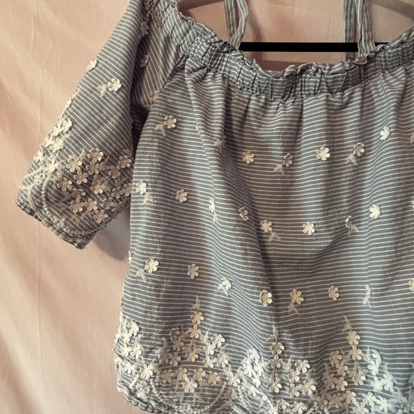 Elegant Blue Striped Blouse with White Floral Details - Picture 5 of 12